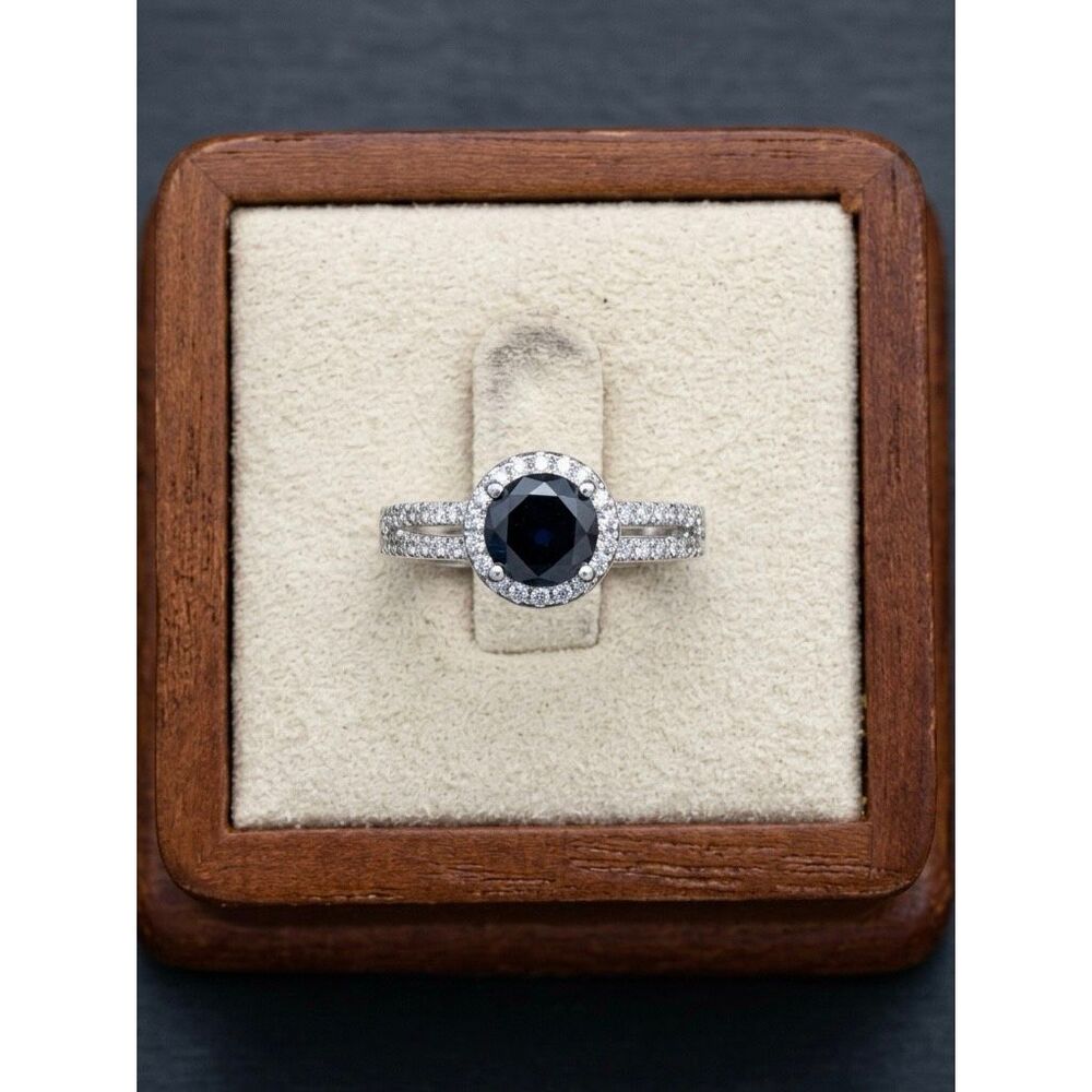 925 Sterling Silver Black Onyx Round Faceted Halo Ring CZ Split Shank Size 6 New